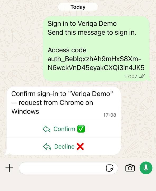 WhatsApp: the user has sent the secret message, and the bot asks to confirm the sign-in
